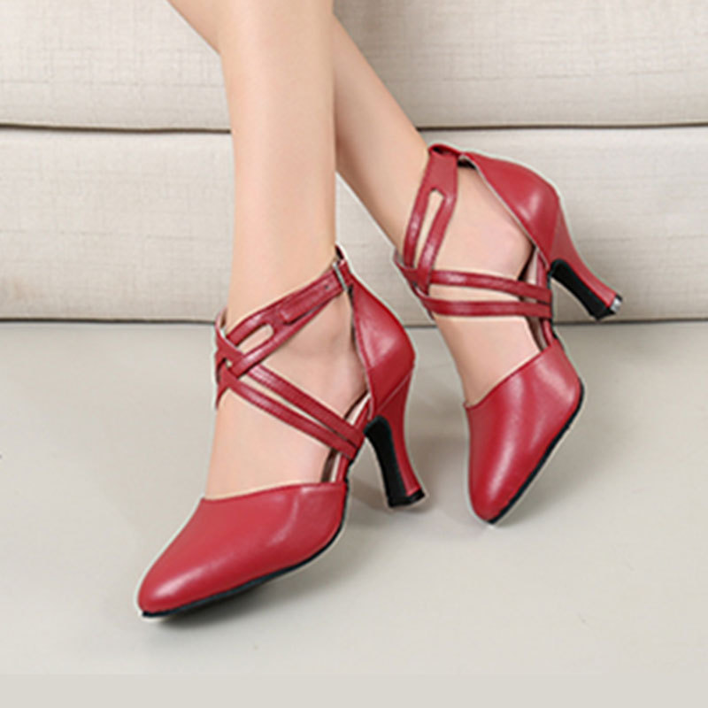 Zapatos de baile latino de las mujeres de adulto medio talón zapatos de baile de tacón alto zapatos de baile de cuero cuadrados de verano moderno zapatos de baile de fondo suave