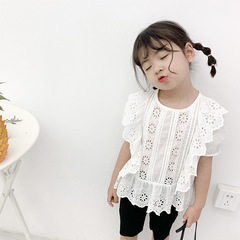 童裝2023夏裝新款女童襯衫蕾絲襯衣兒童圓領短袖娃娃衫甜美上衣
