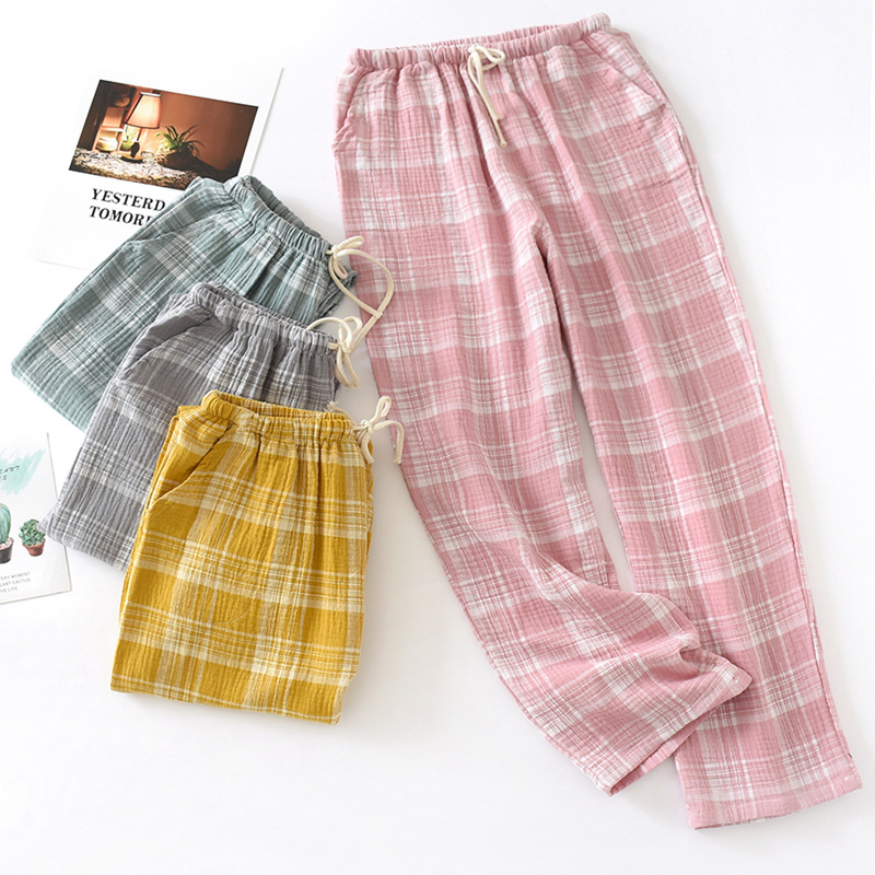 Spring and Summer Couple's Crepe Home Pants Cotton Double Gauze Pajama Pants Women's Thin Plaid Trousers Large Size 2020 New