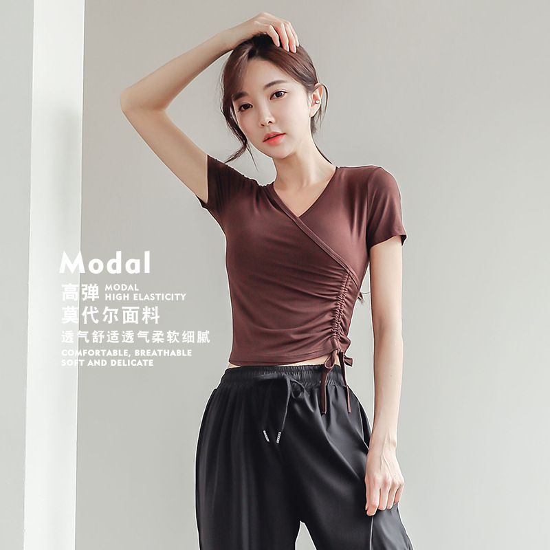 Yoga Short-sleeved Top Short Modal Summer V-neck Navel Drawstring Fitness Sports Running Clothes Women's Morning Run Yoga Short-sleeved Top Short Modal Summer V-neck Navel Drawstring Fitness Sports Running Clothes Women's Morning Run