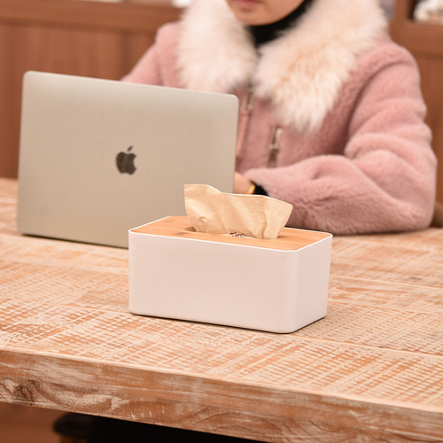 Creative desktop tissue box Nordic bamboo lid paper box bedroom living room hotel napkin storage box LOGO