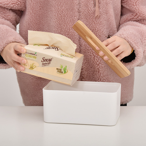 Creative desktop tissue box Nordic bamboo lid paper box bedroom living room hotel napkin storage box LOGO