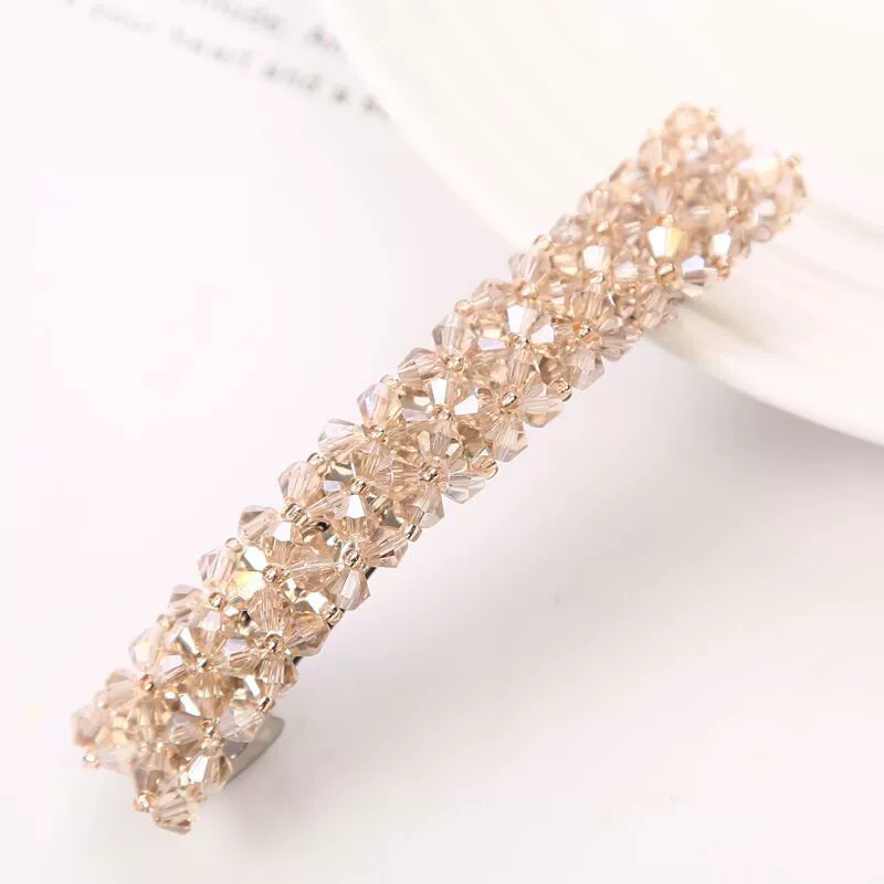 Hairpin crystal clip, hand‑made rhinestone alloy, fishline weave, Korean style, 9×1.6 cm