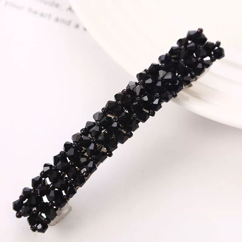 Hairpin crystal clip, hand‑made rhinestone alloy, fishline weave, Korean style, 9×1.6 cm