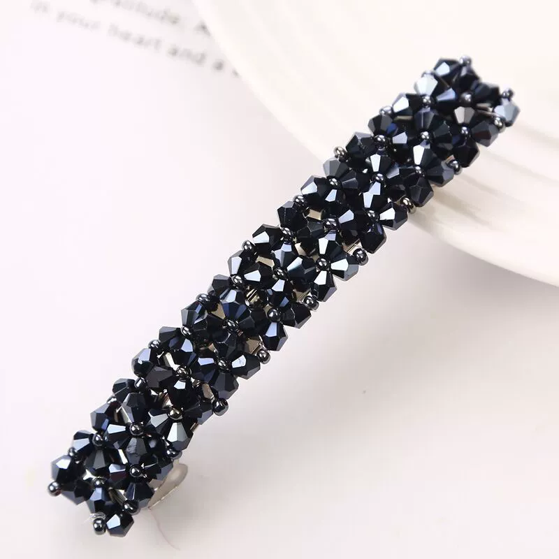 Hairpin crystal clip, hand‑made rhinestone alloy, fishline weave, Korean style, 9×1.6 cm