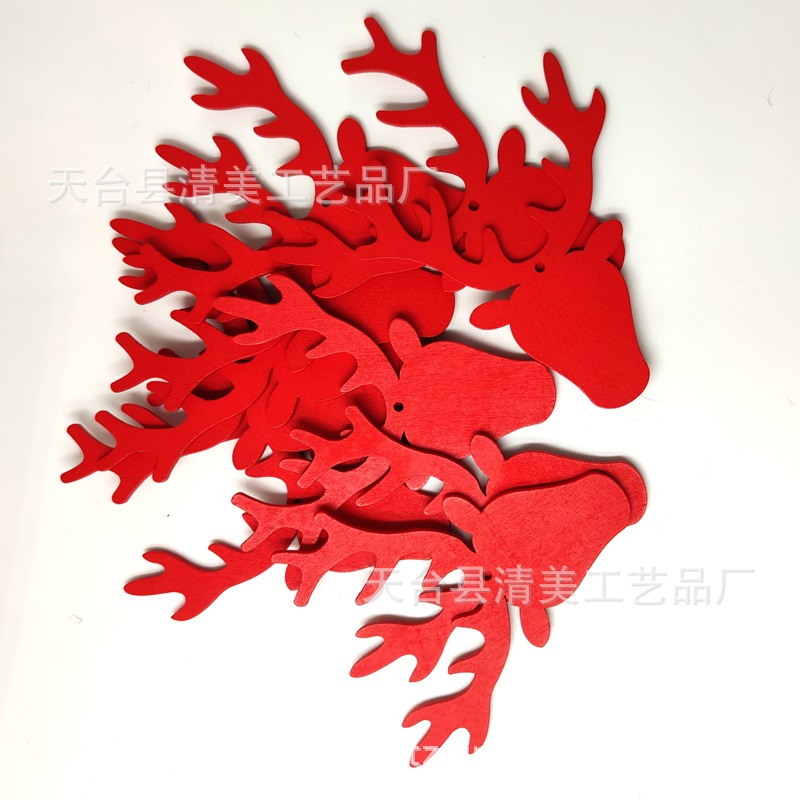 Cabeza de ciervo rojo serie de Navidad colgante de dibujos animados de Navidad de madera de bricolaje 10 piezas en un paquete con 10 cuerdas de cáñamo