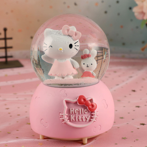 Girly Heart Cartoon KT Cat Glowing Snow Crystal Ball Music Box Ornament as a Birthday Gift for Girls, Best Friends and Children
