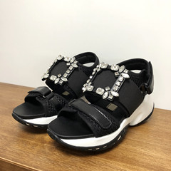 New 2022 Summer RV Water Diamond Square Buckle Flat Sandals for Women, Thick Sole Magic Tape Sports Shoes, Genuine Leather Beach Sandals, Mule Shoes