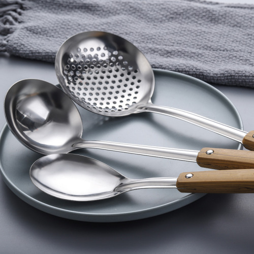 Wood grain handle stainless steel spatula soup spoon frying spatula colander insulated kitchen utensils kitchen cooking set wholesale