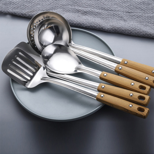 Wood grain handle stainless steel spatula soup spoon frying spatula colander insulated kitchen utensils kitchen cooking set wholesale