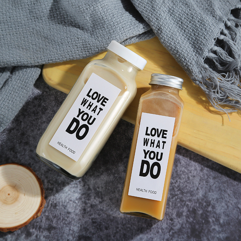 Fábrica al por mayor nueva cubierta de aluminio cuadrada para llevar botella de bebida octogonal leche té café botella sellada botella de vidrio de jugo