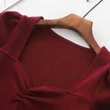 Осенний ретро лонгслив, квадратный вырез, облегающий крой