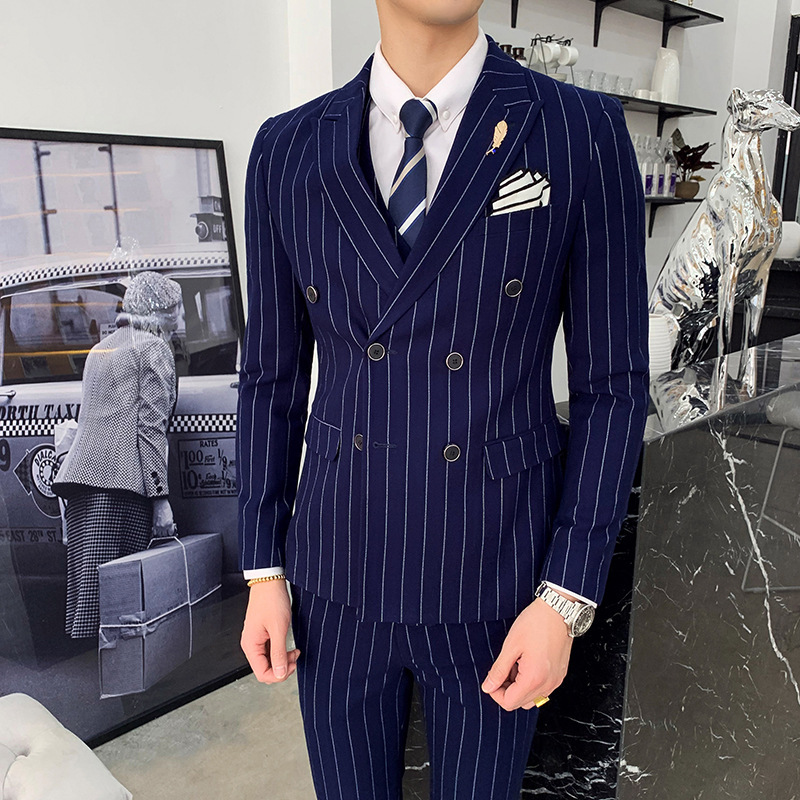四季商务修身条纹西服三件套男韩版青年发型师正装西装长袖轻商务