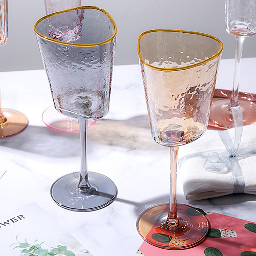 Creative hammered pattern with gold rim pink gray crystal glass red wine glass model room champagne glass European style goblet