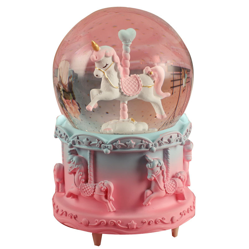 Caja de Música Giratoria de Dibujos Animados con Unicornio y Bola de Cristal, Nieva, Canción "El Castillo en el Cielo", Decoración para Dormitorio