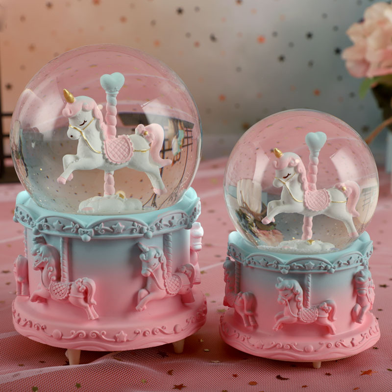 Caja de Música Giratoria de Dibujos Animados con Unicornio y Bola de Cristal, Nieva, Canción "El Castillo en el Cielo", Decoración para Dormitorio