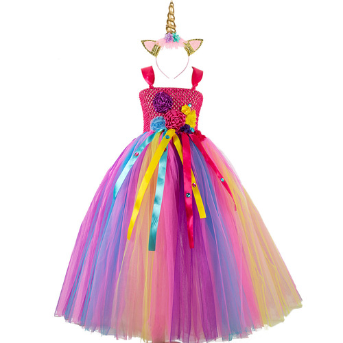European and American children's clothing 2024 new lined girls' dress long floral tutu skirt mesh princess dress