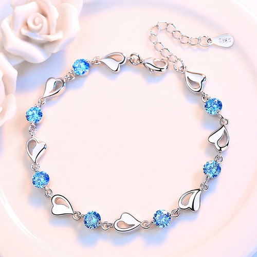 Weihua Jewelry Blue Heart Bracelet Women's Hollow Heart Shape Silver Plated Bracelet Blue Hand Jewelry Wholesale Manufacturer Dropshipping