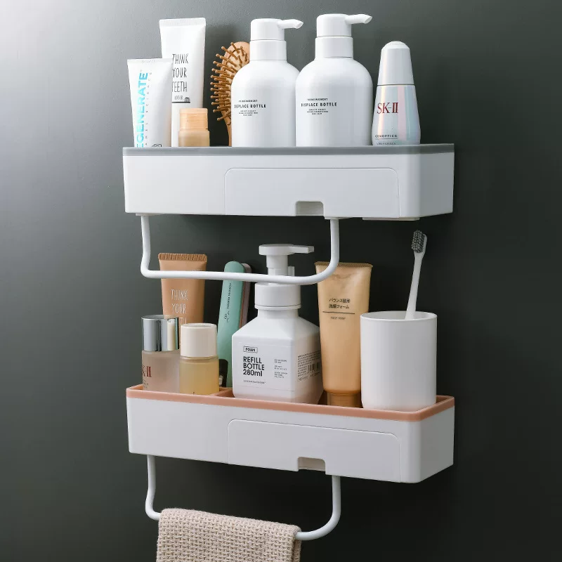 Wall-mounted bathroom shelf rack, 2-tier towel storage with towel bar and organizer