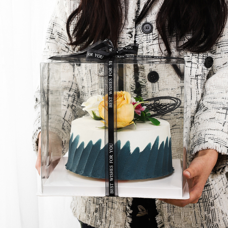 Caja de pastel transparente4 6 8 10 12 14 pulgadas caja de embalaje de pastel de cumpleaños cuadrado doble capa alta personalizada