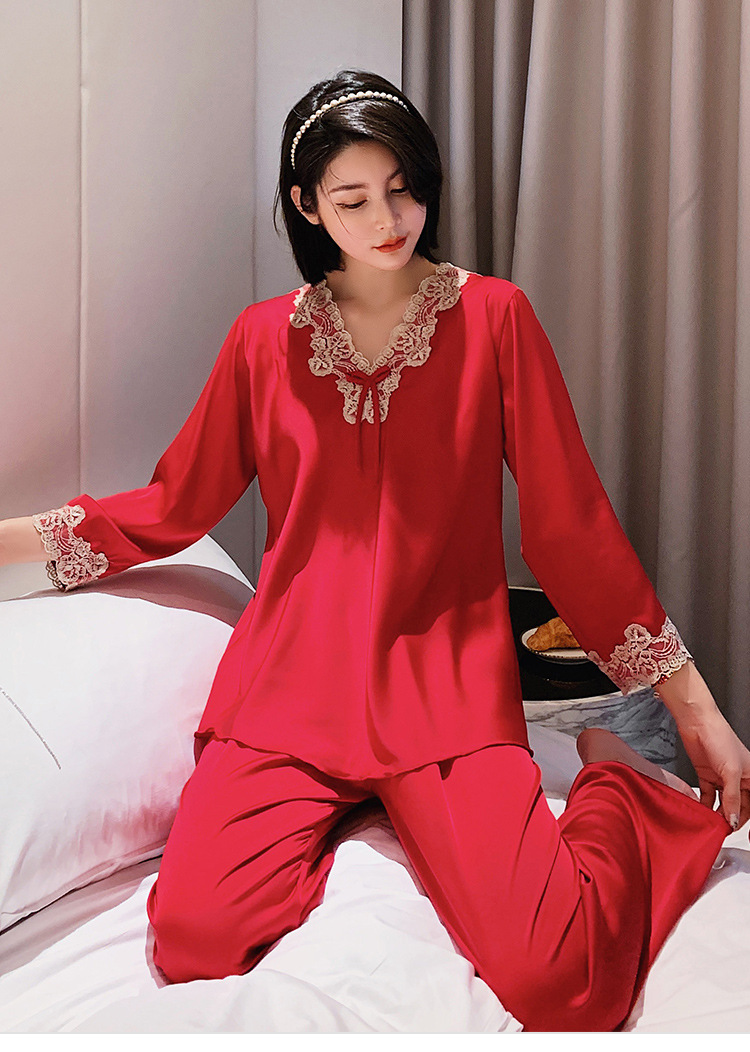 Pijamas de primavera y otoño para mujer de manga larga de encaje de seda de hielo sexy suéter suelto nuevo estilo de seda servicio a domicilio verano 21821