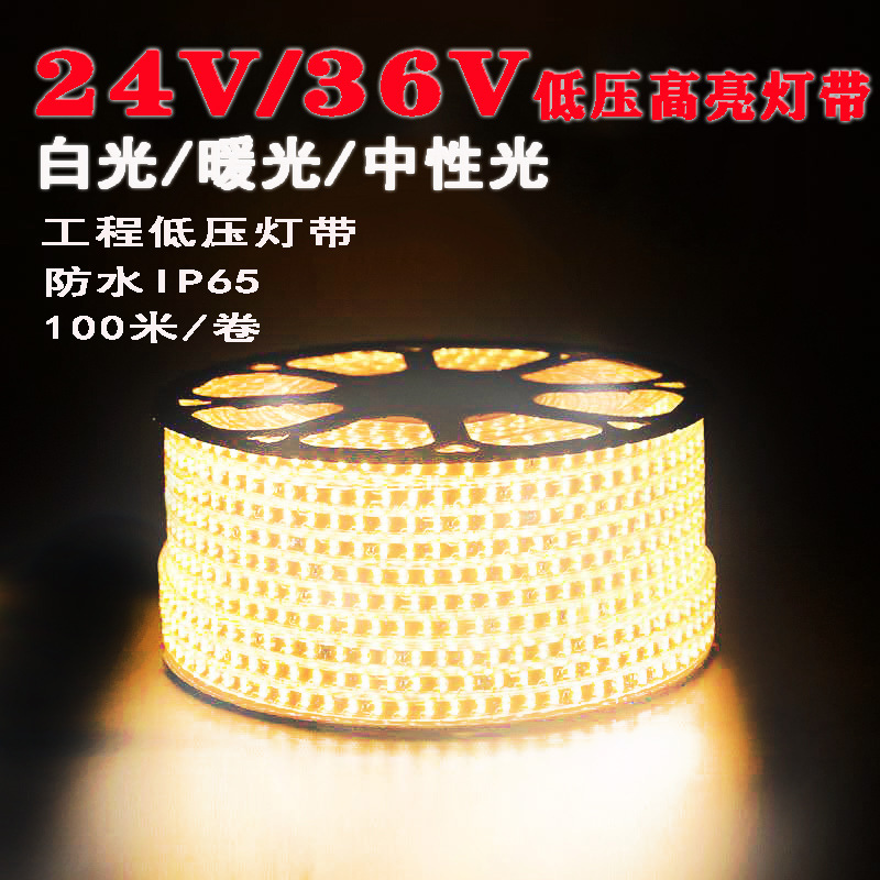 低压灯带 24伏36V防水低压灯带暖光中性光100米低压包胶安全灯带