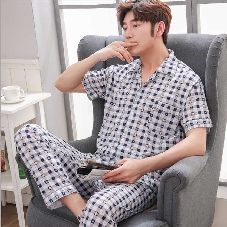 Factory wholesale new summer pajamas men's cardigan short sleeve lapel knitted cotton trousers suit home clothes