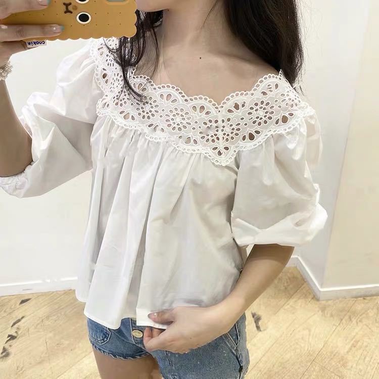 S family 2020 spring and summer New Lady collar pleated lace short bubble sleeve shirt 27052 clear