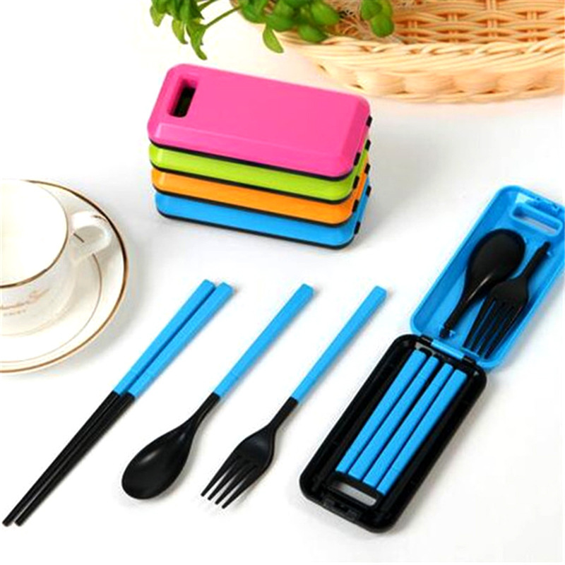 Safety abs plastic tableware suit candy color tableware box portable travel spoon chopsticks fork tableware three piece set