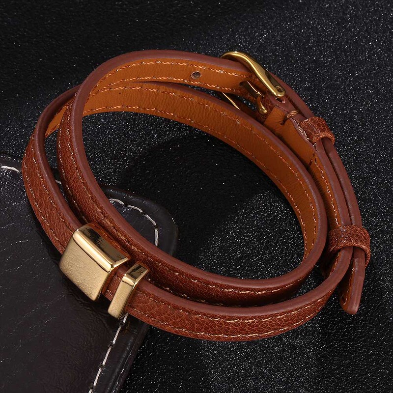 Foreign Trade Leather Jewelry Women's Leather Bracelet Men's Double Ring Leather Bracelet Bracelet Laser LOGO Gold Button