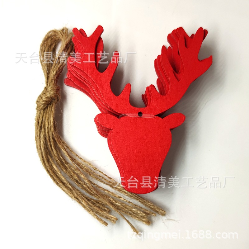 Cabeza de ciervo rojo serie de Navidad colgante de dibujos animados de Navidad de madera de bricolaje 10 piezas en un paquete con 10 cuerdas de cáñamo