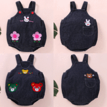 日本潮牌童装 男女童卡通熊兔立体刺绣田鸡裤背带裤一件代发