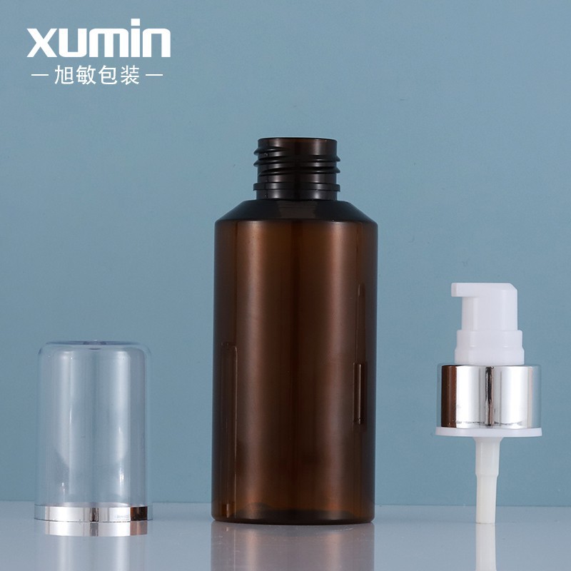 En stock al por mayor PET plástico loción prensa botella plata brillante cubierta completa bomba cabeza cosméticos sub-botella Xumin material de embalaje image 3