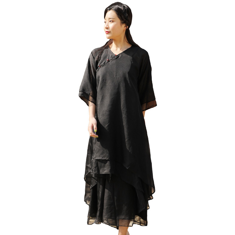 中国風禅服女漢服長型茶服二点セット (ズボンに合わない) 大サイズ文芸ゆったりスカート9985
