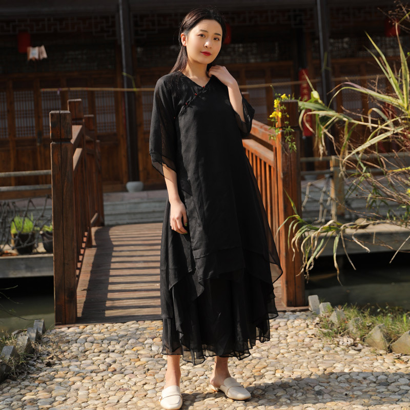 中国風禅服女漢服長型茶服二点セット (ズボンに合わない) 大サイズ文芸ゆったりスカート9985