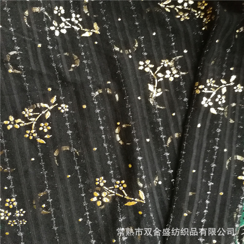 女装面料 弹力网布 牙签条 烫银 胶印小花朵网布中老年服装网布
