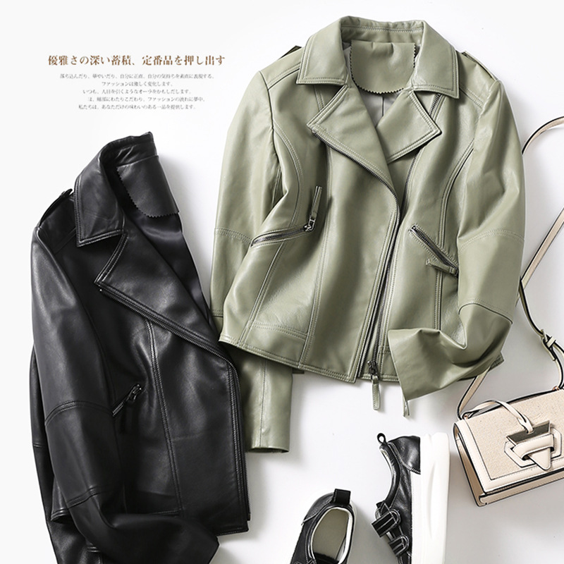 The first layer of sheepskin! Basic Short Sheepskin Biker Leather Oversized Lapel Slim-Fit Zipper Leather Jacket Leather Coat
