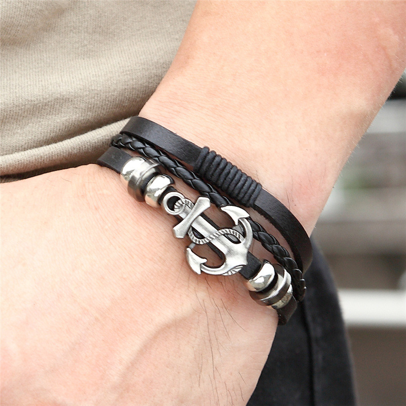 Pulseira de couro com cordão e âncora multicamadas, estilo simples e criativo, para casais, em estilos europeu e americano._voghion.com