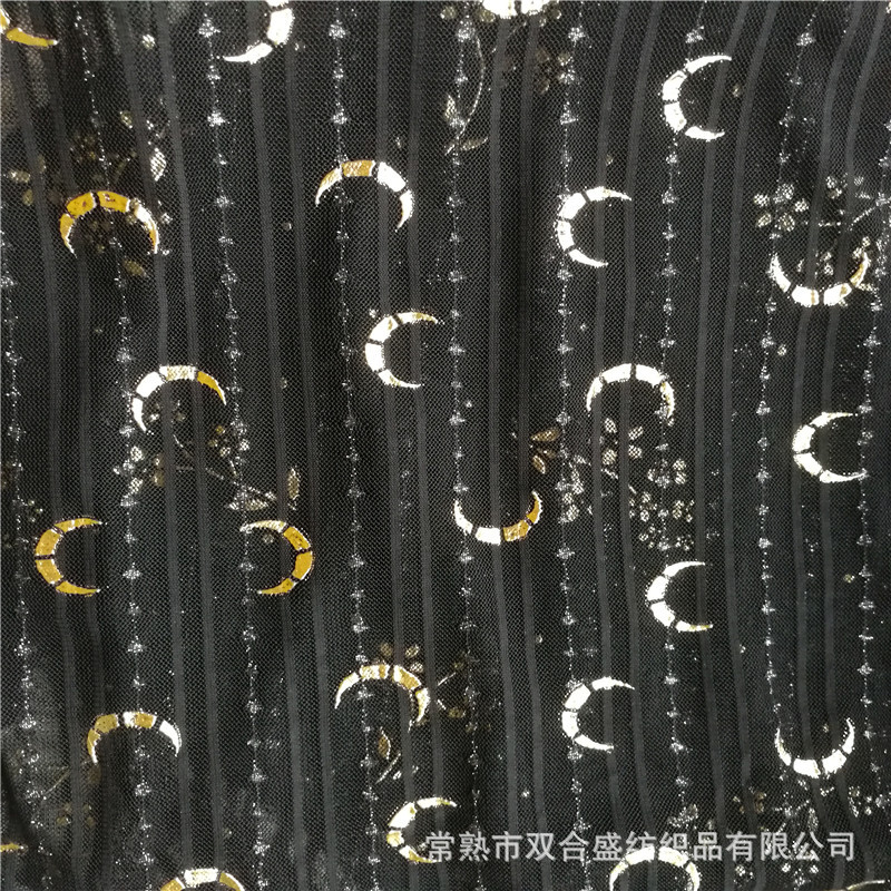 厂家直供 烫银牙签条 金色弯月 女装 针织网布料 胶印金月亮