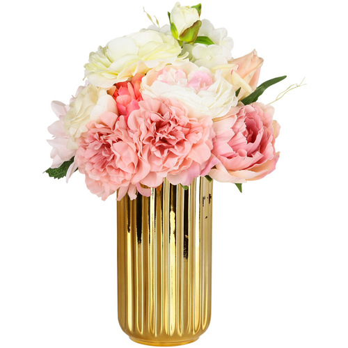 Nordic golden light luxury ceramic plated vase large decorative piece for Instagram style creative floral arrangement, living room coffee table decoration