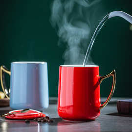 北欧陶瓷马克杯金手柄情侣杯描金咖啡杯早餐杯活动礼品印logo带盖