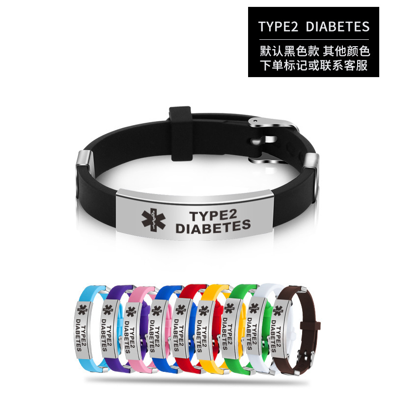 Emergency Medical Alert Silicone Bracelet Type 2 Diabetes Stainless Steel Star of Life Wristband