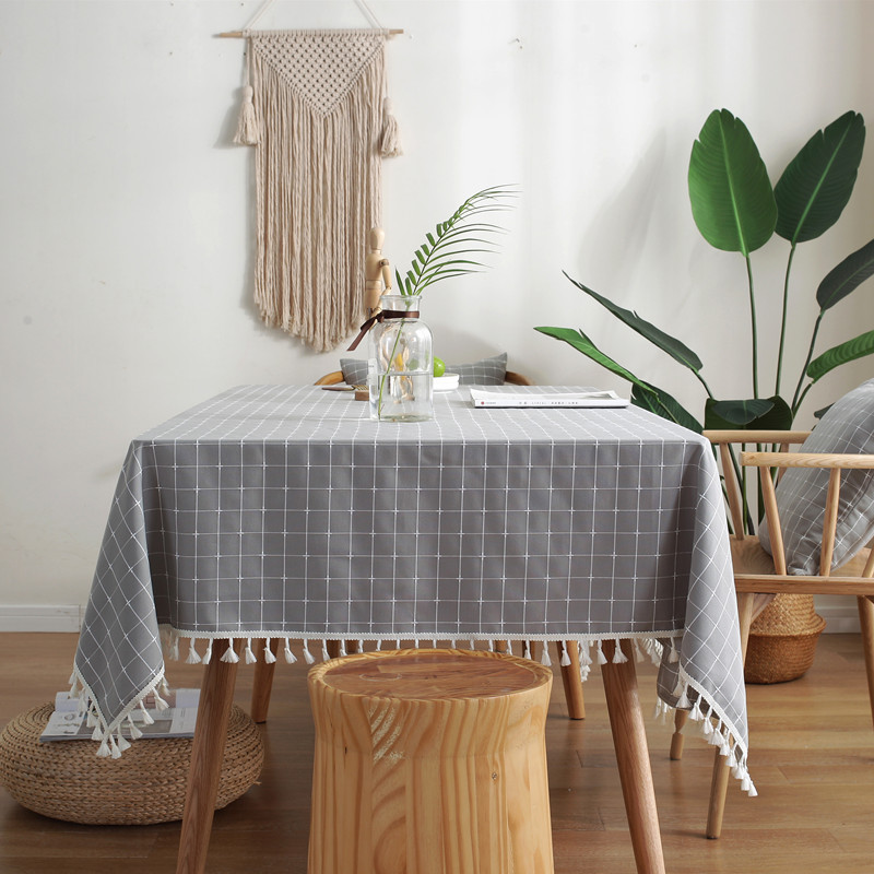 Nappe géométrique en jacquard coton lin avec pompons décoratifs_voghion.com