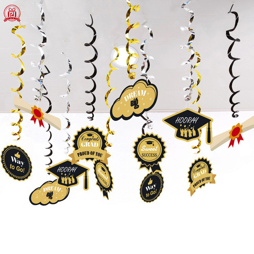 Cross-border Amazon Graduation Season Spiral Wall Hanging PVC Black Gold Spiral Chandelier Graduation Celebration Party Decoration Pendant