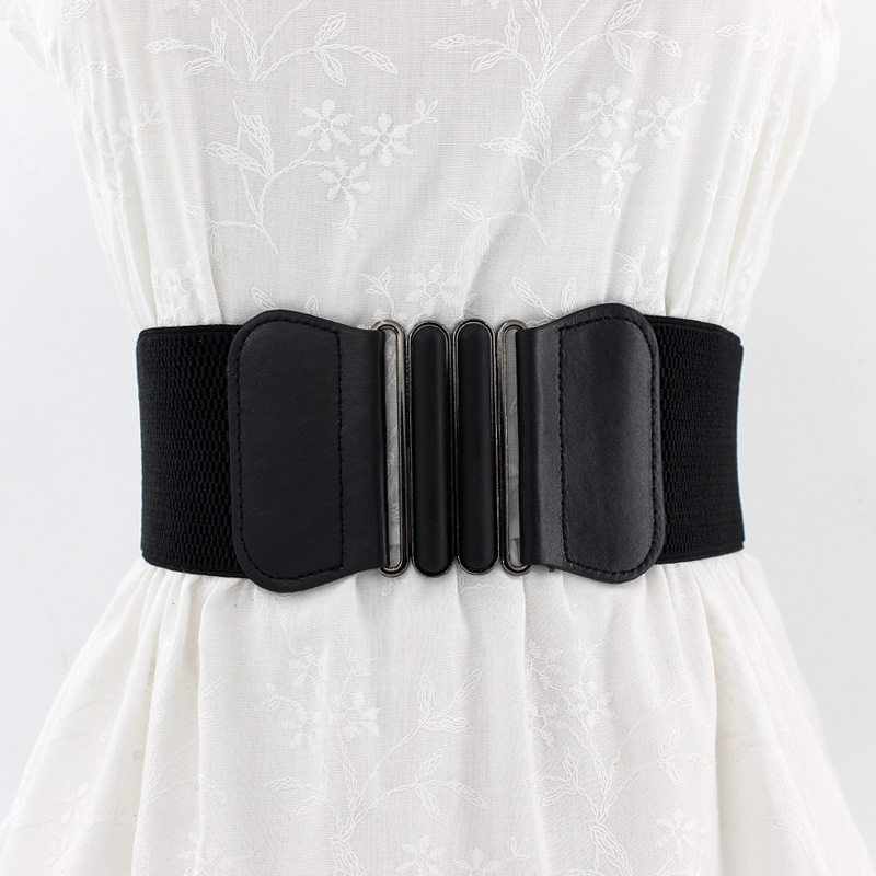 Vestido de estilo coreano de las mujeres Doble hebilla ovalada decoración de cinturón elástico de charol de las mujeres sello de cintura ancha entrega de una pieza