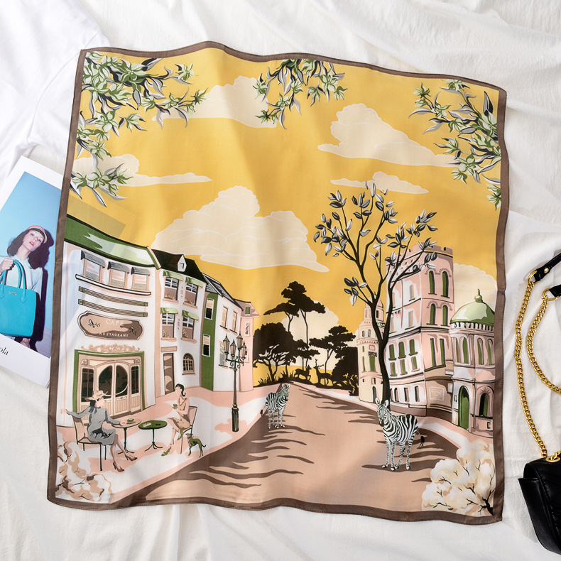 2020 nuevo estilo europeo y americano pequeña bufanda cuadrada 70 seda artificial ciudad cebra pequeña bufanda estilo occidental banda decorativa para el cabello