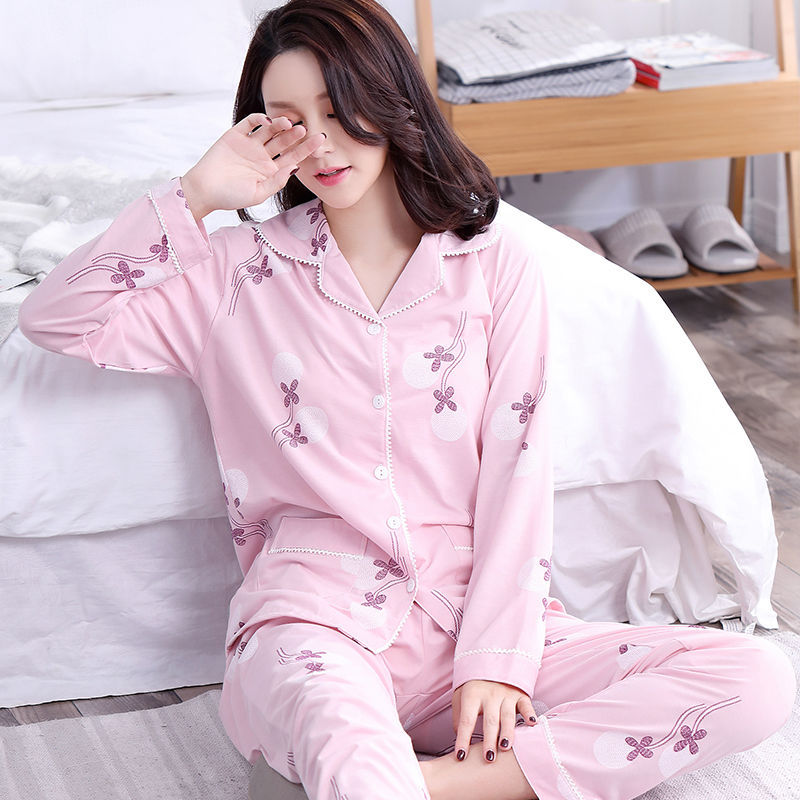 100% algodón estilo coreano pijamas de manga larga de las mujeres de primavera y otoño cardigan pijamas de solapa se pueden usar fuera del traje de desgaste casero
