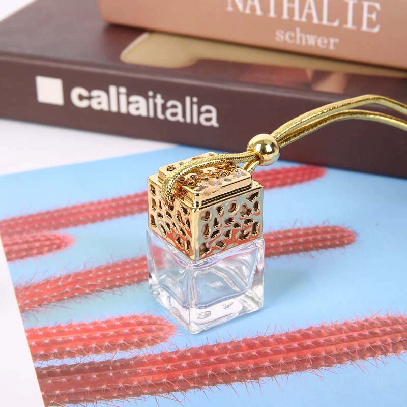 Perfume, pendant, silver square bottle for auto, accessory, gold and silver