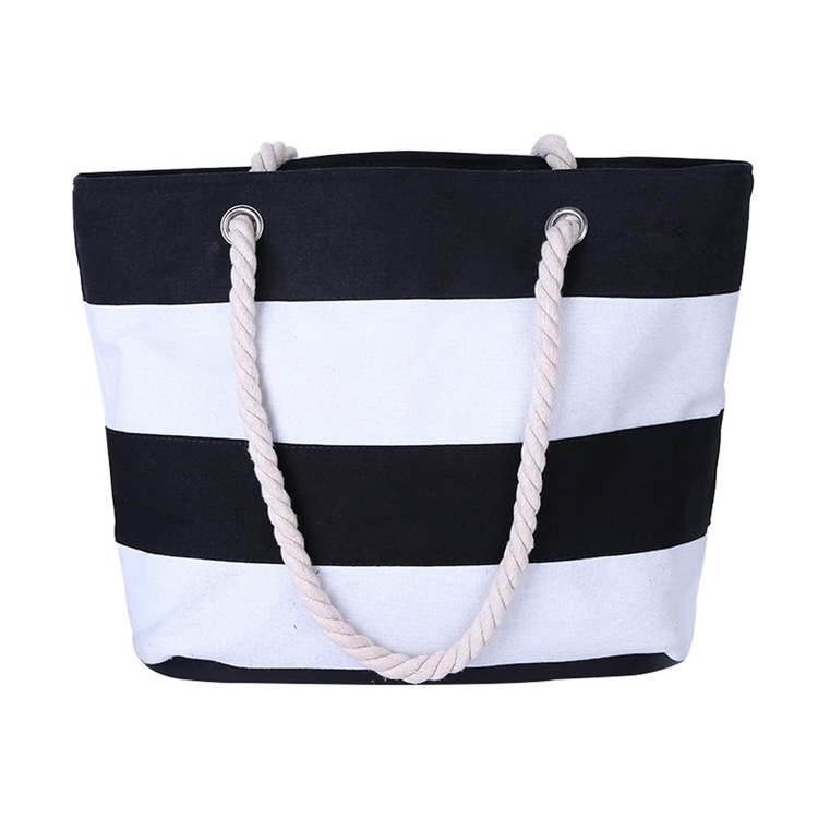 时尚简约条纹女士购物袋帆布环保袋精美logo印刷订阅帆布沙滩包