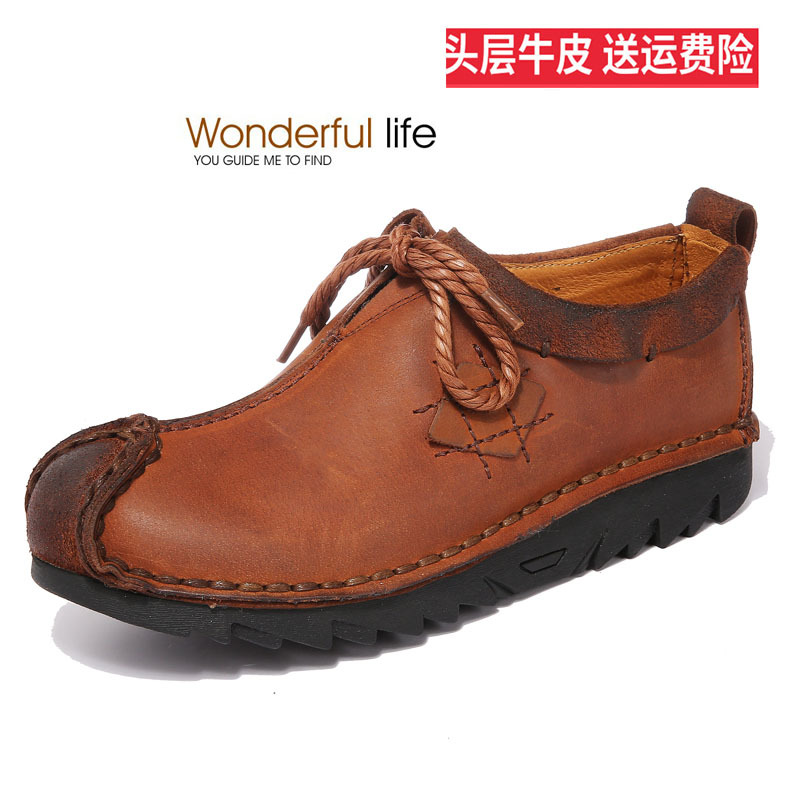 日系设计师个性男鞋头层牛皮翘头皮鞋工装鞋手工大圆头鞋子潮9510